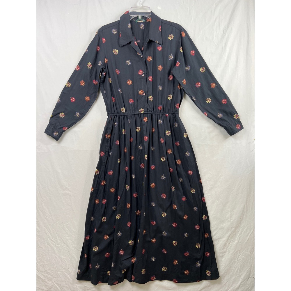 J.Crew Shirt Dress Women 14 Navy Floral Long Sleeve Cotton Midi Elastic Waist